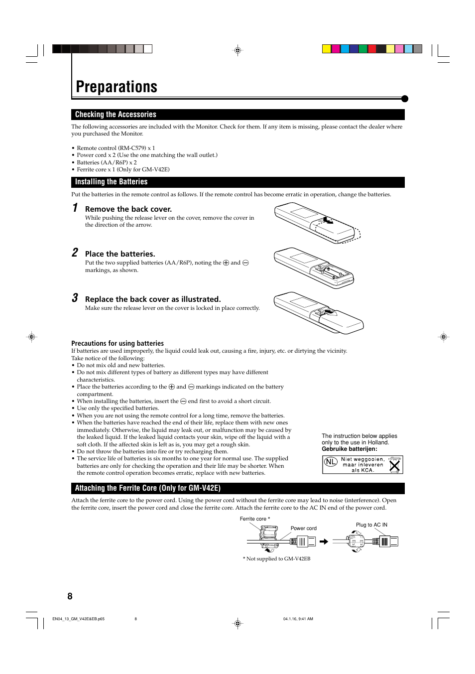 Preparations, Checking the accessories, Installing the batteries | Attaching the ferrite core | JVC GM-V42EB User Manual | Page 9 / 44