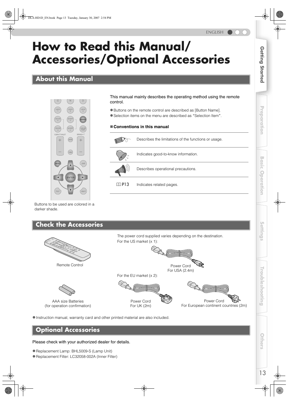 About this manual, Check the accessories, Optional accessories | How to read this manual, Accessories/optional accessories, Check the accessories optional accessories | JVC DLA-HD1 User Manual | Page 13 / 55