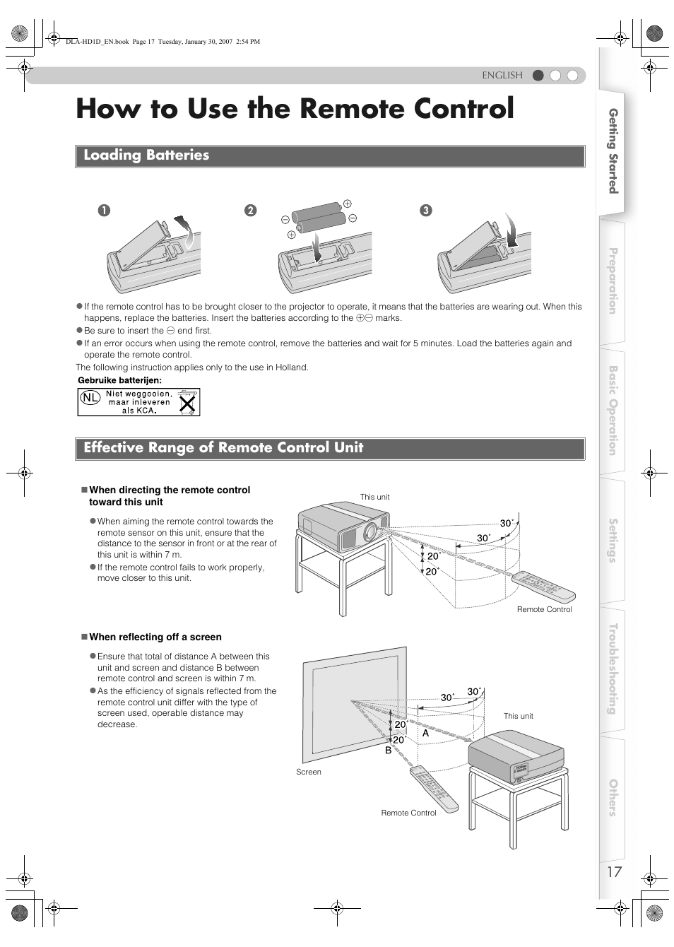 How to use the remote control, Loading batteries, Effective range of remote control unit | JVC DLA-HD1 User Manual | Page 17 / 55