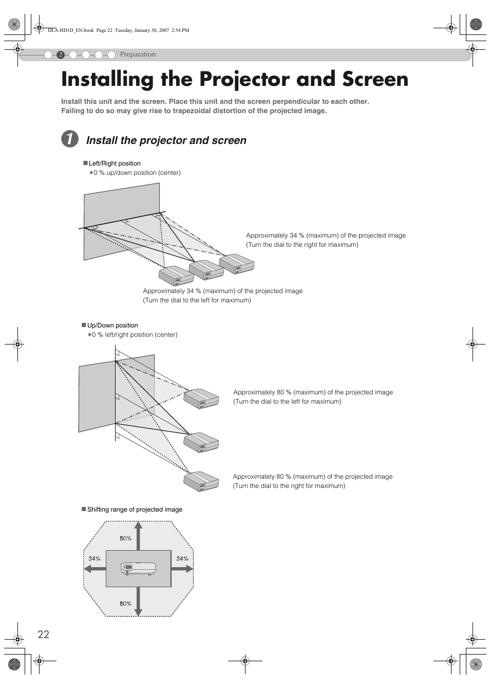 Installing the projector and screen, Install the projector and screen | JVC DLA-HD1 User Manual | Page 22 / 55