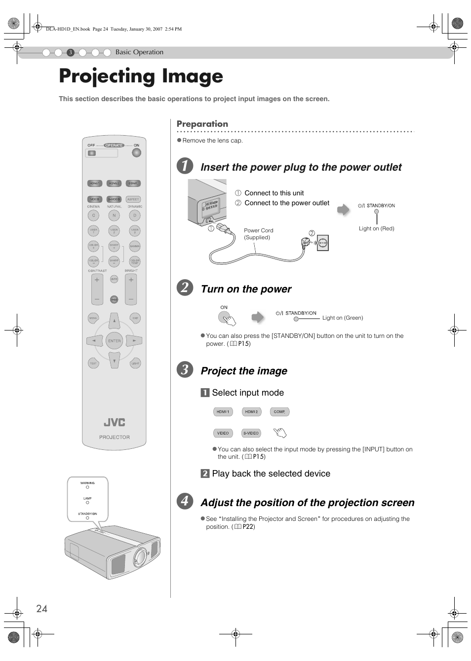 Basic operation, Projecting image, Insert the power plug to the power outlet | Turn on the power, Project the image, Adjust the position of the projection screen | JVC DLA-HD1 User Manual | Page 24 / 55