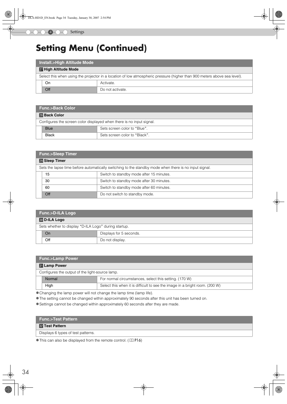 Setting menu (continued) | JVC DLA-HD1 User Manual | Page 34 / 55