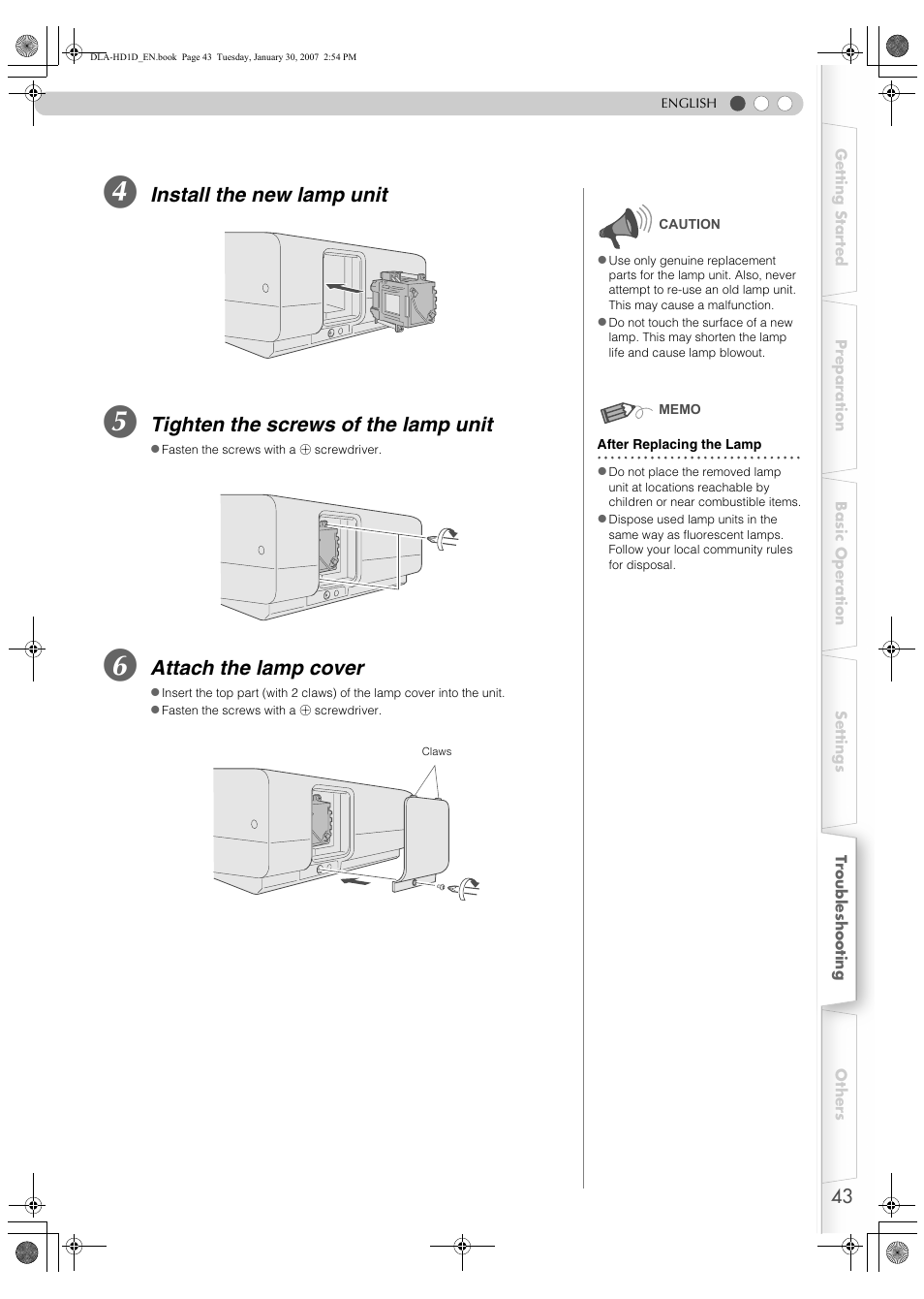 Install the new lamp unit, Tighten the screws of the lamp unit, Attach the lamp cover | JVC DLA-HD1 User Manual | Page 43 / 55