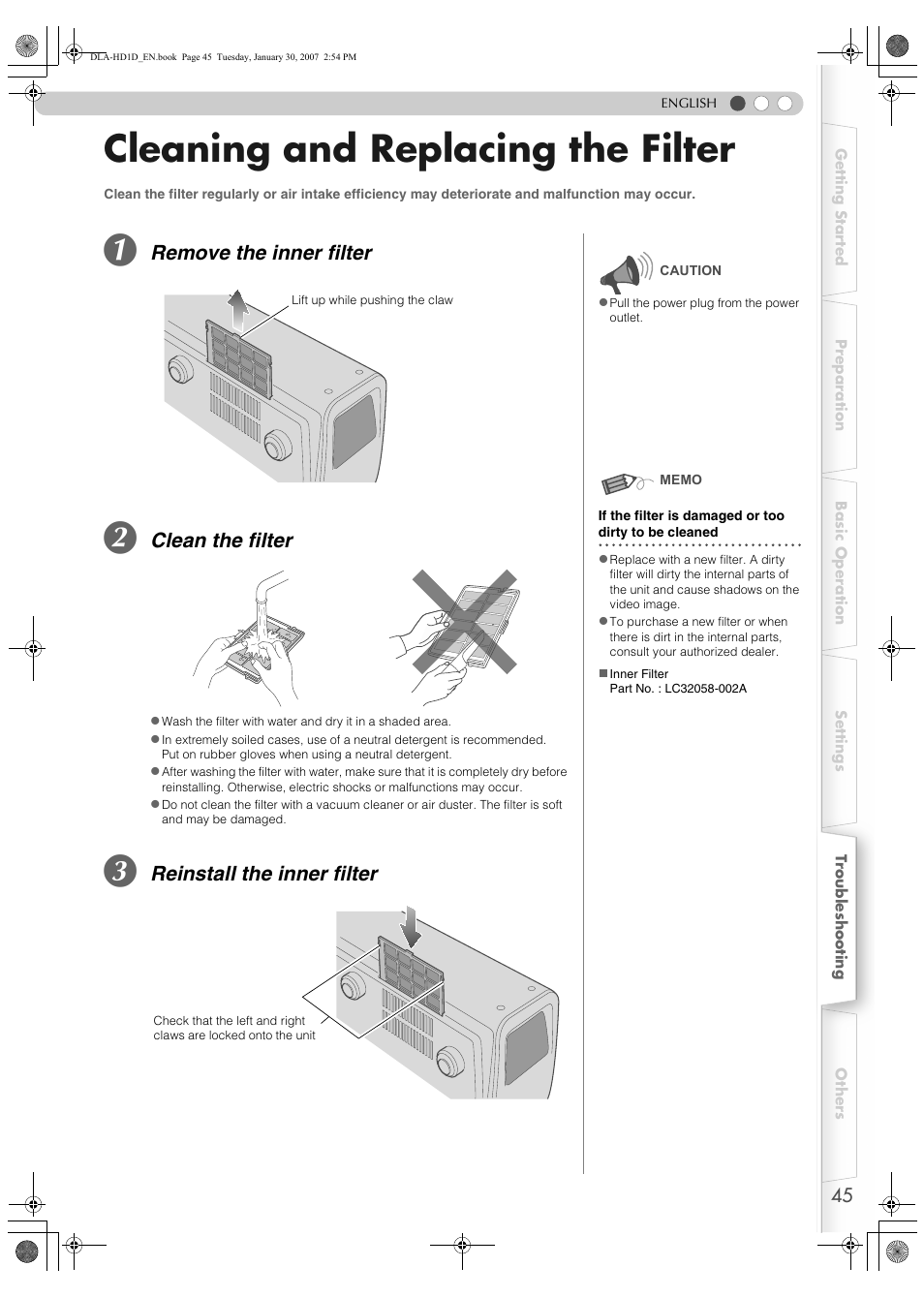 Cleaning and replacing the filter, Remove the inner filter, Clean the filter | Reinstall the inner filter | JVC DLA-HD1 User Manual | Page 45 / 55