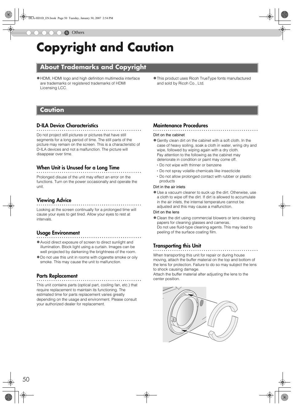 Copyright and caution, About trademarks and copyright, Caution | About trademarks and copyright caution | JVC DLA-HD1 User Manual | Page 50 / 55
