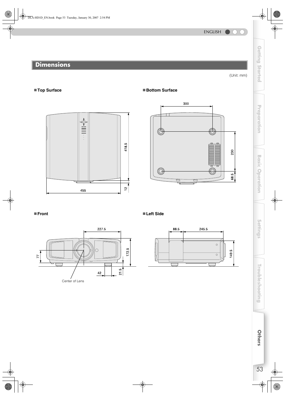 Dimensions | JVC DLA-HD1 User Manual | Page 53 / 55