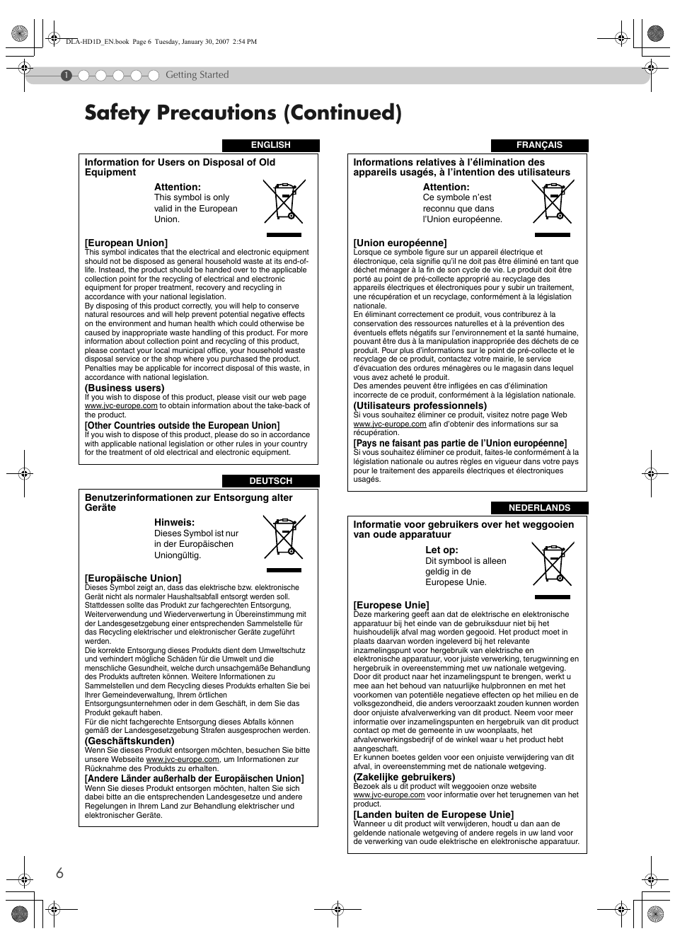 Safety precautions (continued) | JVC DLA-HD1 User Manual | Page 6 / 55