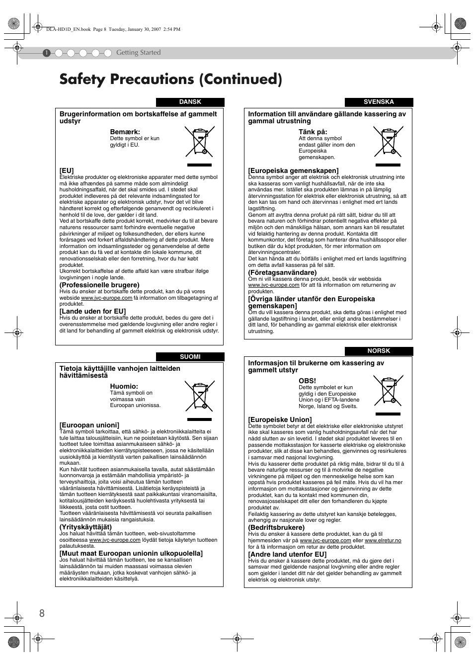 Safety precautions (continued) | JVC DLA-HD1 User Manual | Page 8 / 55