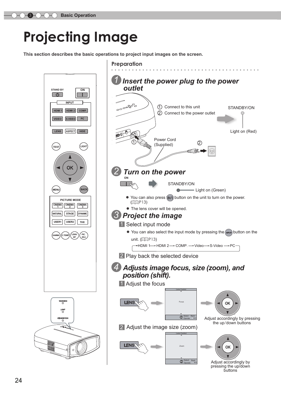 Basic operation, Projecting image, O connect the power cord | O control lens, O select input mode, Insert the power plug to the power outlet, Turn on the power, Project the image, Preparation, 1 select input mode | JVC Procision DLA-HD990 User Manual | Page 24 / 62