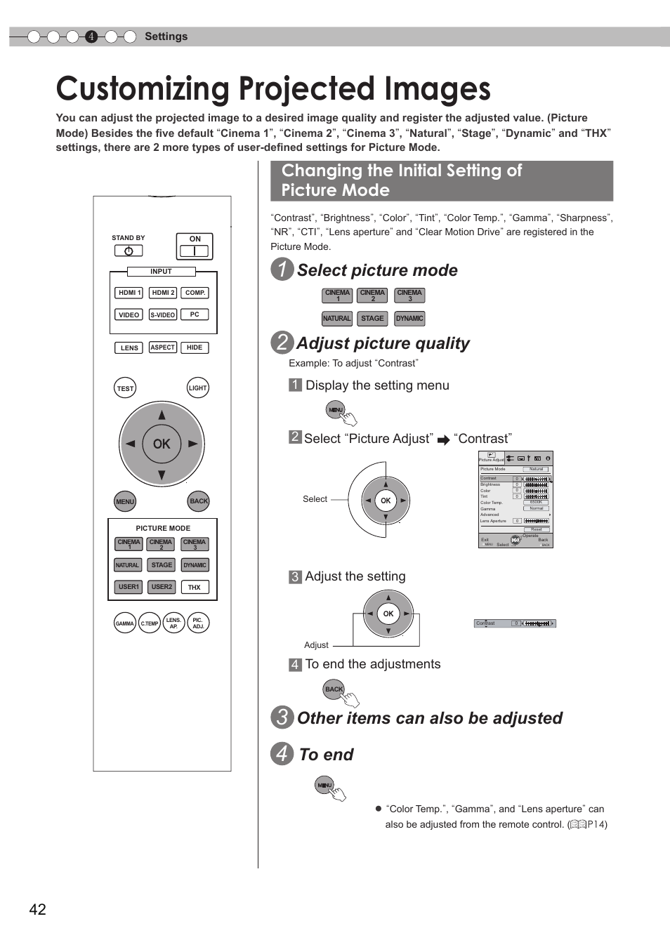 Customizing projected images, Changing the initial setting of picture mode, Changing the initial setting of picture mode . 42 | O set gamma, O adjust color temperature, O switch picture mode, Aperture, Select picture mode, Adjust picture quality, Other items can also be adjusted | JVC Procision DLA-HD990 User Manual | Page 42 / 62