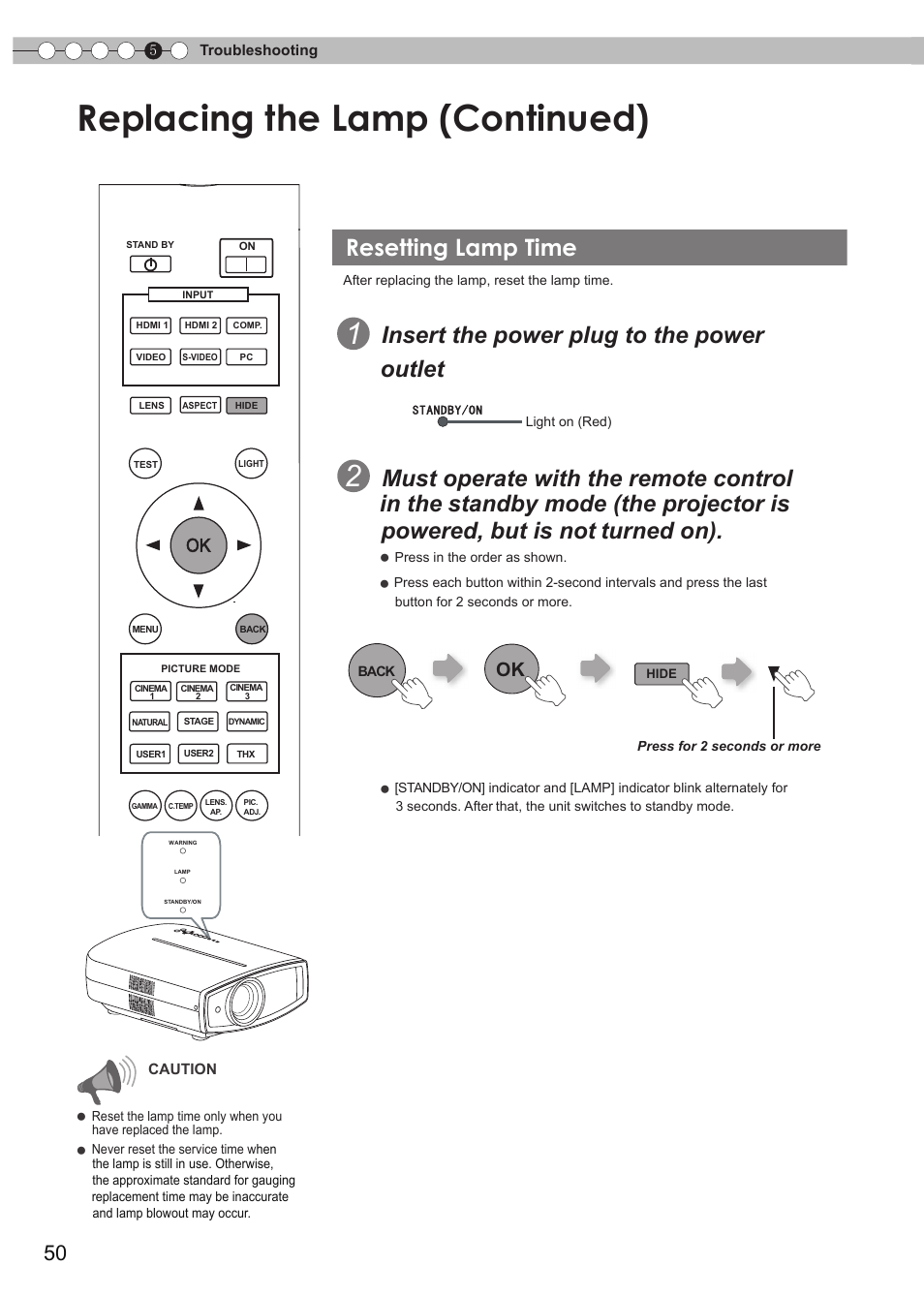 Resetting lamp time, Replacing the lamp (continued), Insert the power plug to the power outlet | JVC Procision DLA-HD990 User Manual | Page 50 / 62