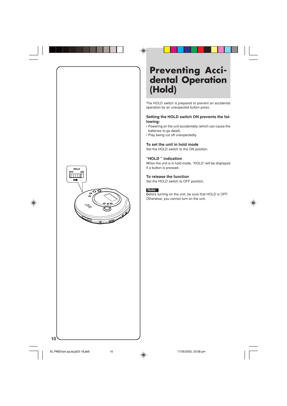 Preventing acci-dental operation (hold), Preventing acci- dental operation (hold) | JVC XL-PM20SL User Manual | Page 10 / 44