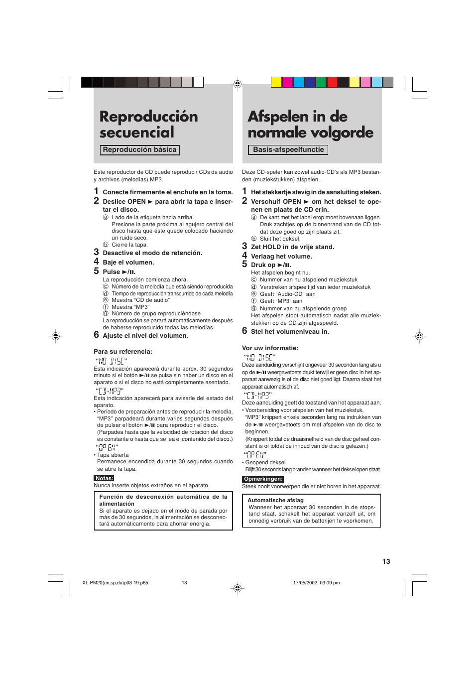 Reproducción secuencial, Afspelen in de normale volgorde | JVC XL-PM20SL User Manual | Page 13 / 44