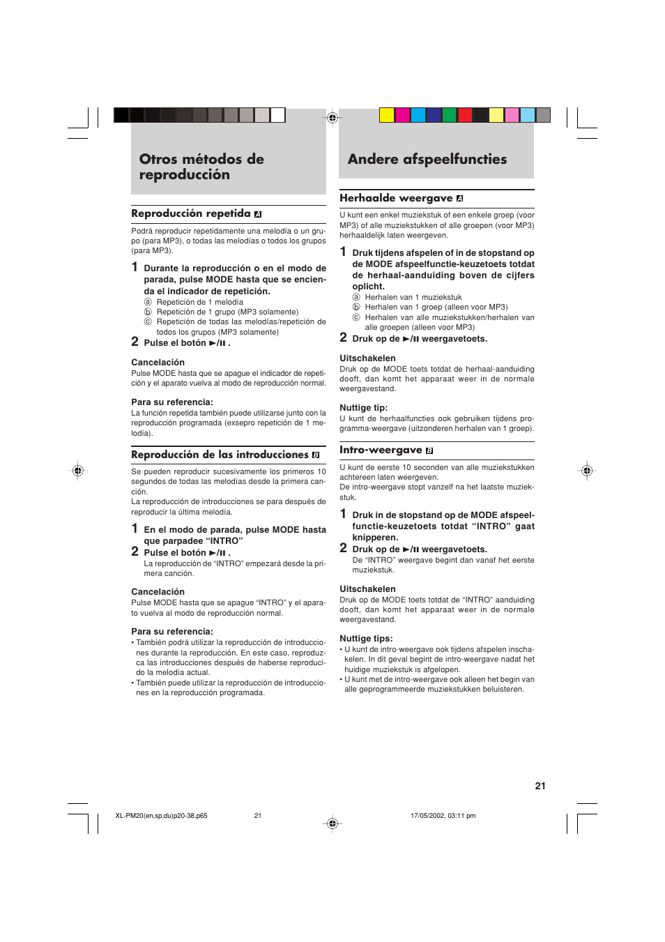 Otros métodos de reproducción, Andere afspeelfuncties | JVC XL-PM20SL User Manual | Page 21 / 44