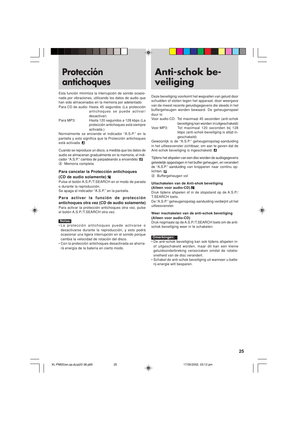 Protección antichoques, Anti-schok be-veiliging, Anti-schok be- veiliging | JVC XL-PM20SL User Manual | Page 25 / 44