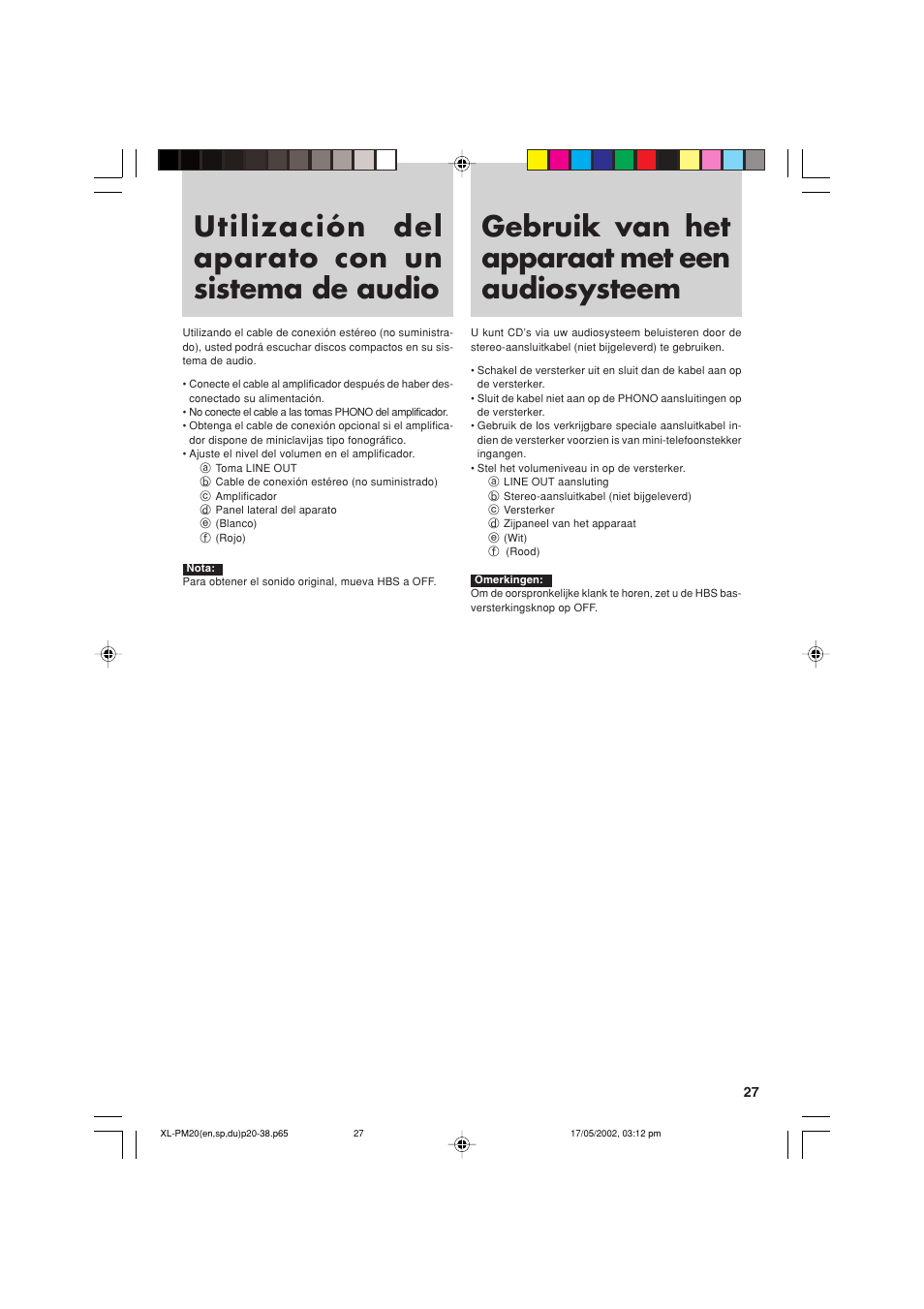 Utilización del aparato con un sistema de audio, Gebruik van het apparaat met een audiosysteem | JVC XL-PM20SL User Manual | Page 27 / 44