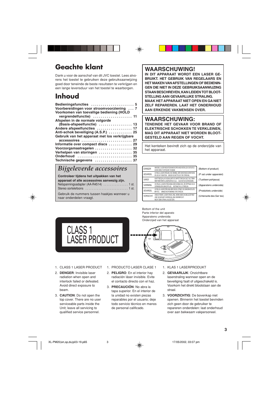 Geachte klant, Inhoud, Bijgeleverde accessoires | Waarschuwing | JVC XL-PM20SL User Manual | Page 3 / 44