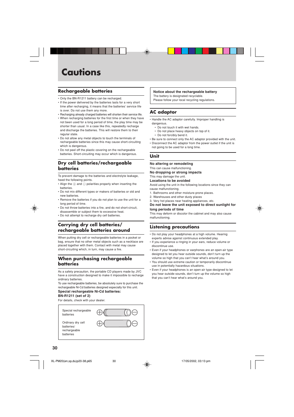 Cautions, Rechargeable batteries, Dry cell batteries/rechargeable batteries | When purchasing rechargeable batteries, Ac adaptor, Unit, Listening precautions | JVC XL-PM20SL User Manual | Page 30 / 44