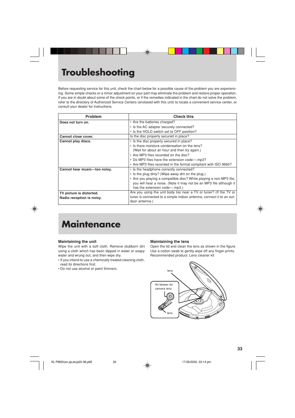 Troubleshooting, Maintenance | JVC XL-PM20SL User Manual | Page 33 / 44