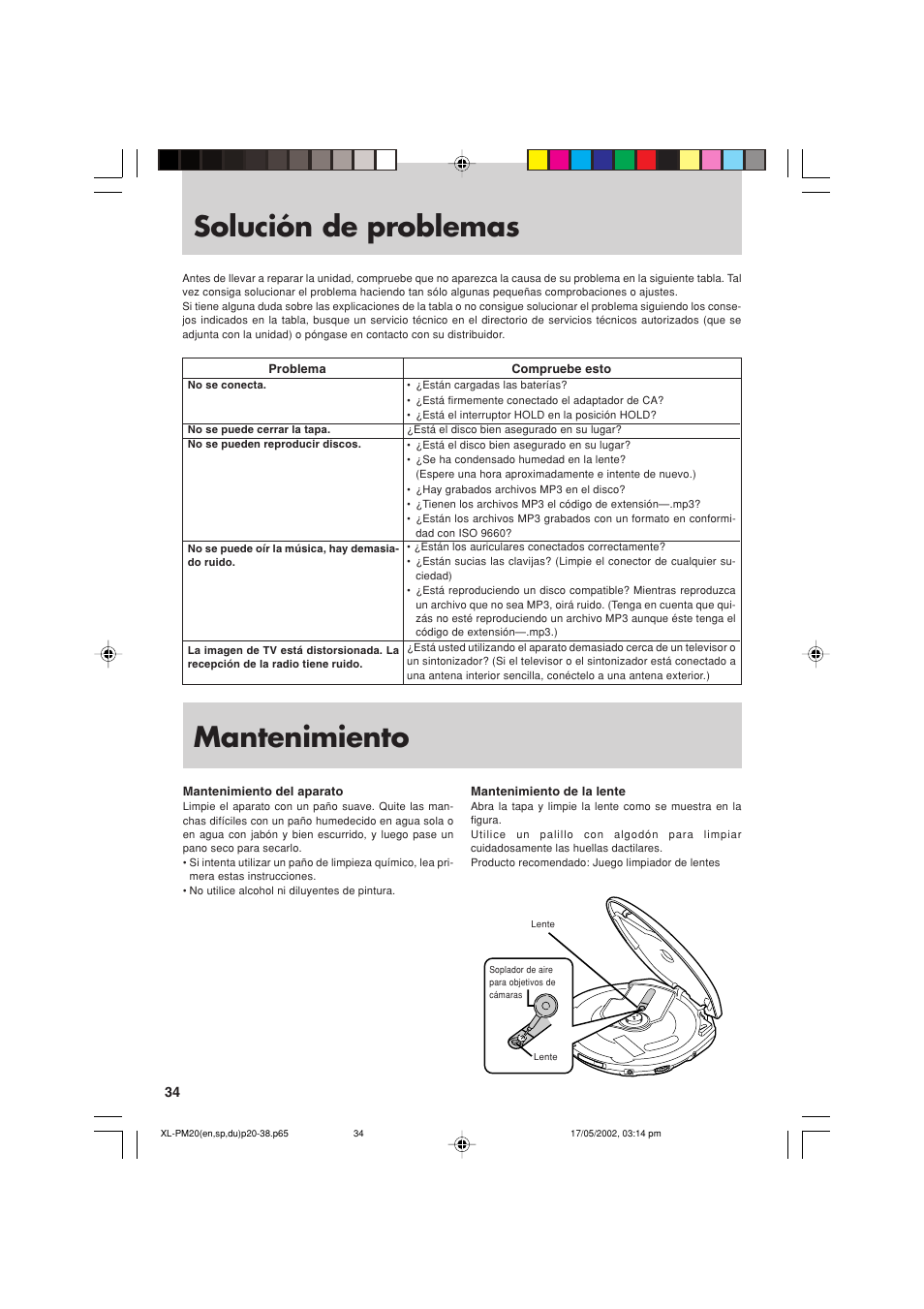 Solución de problemas, Mantenimiento | JVC XL-PM20SL User Manual | Page 34 / 44