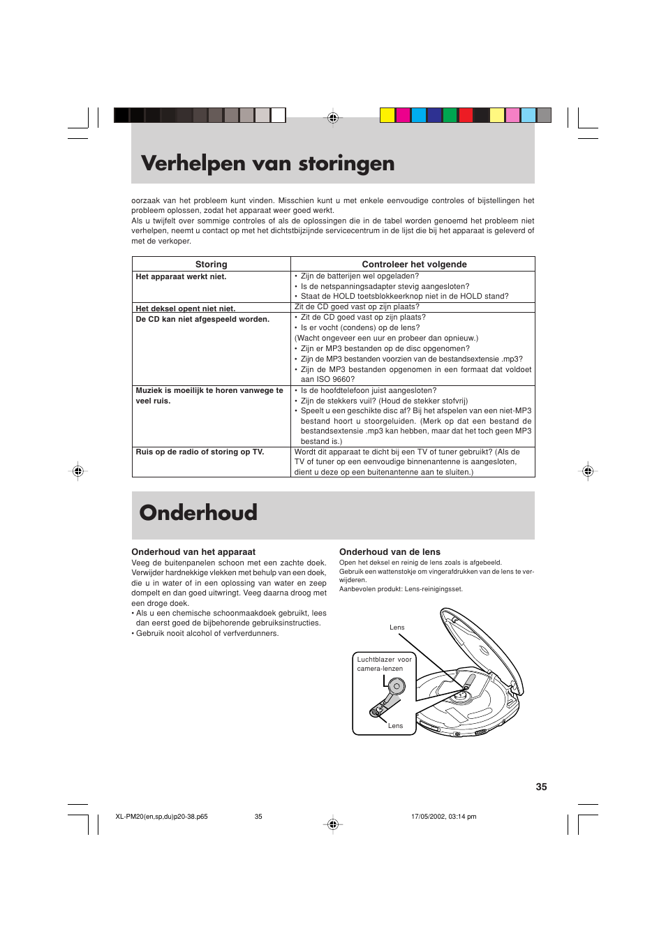 Verhelpen van storingen, Onderhoud | JVC XL-PM20SL User Manual | Page 35 / 44