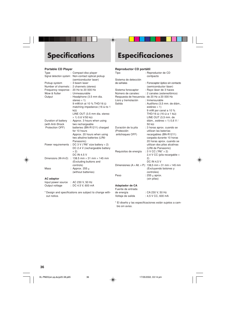 Specifications, Especificaciones | JVC XL-PM20SL User Manual | Page 36 / 44