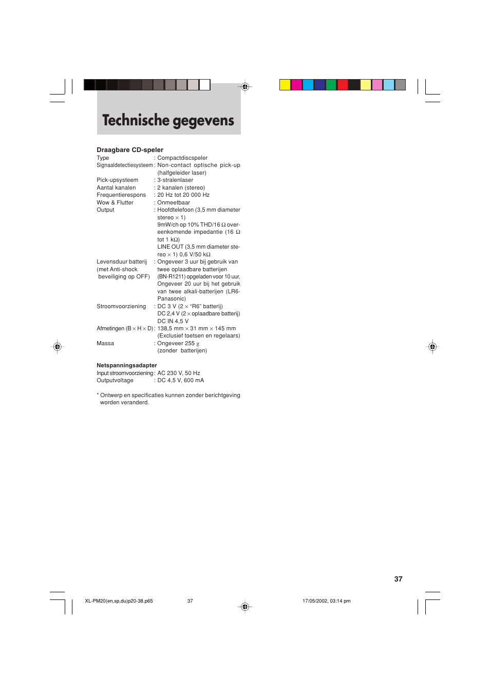 Technische gegevens | JVC XL-PM20SL User Manual | Page 37 / 44