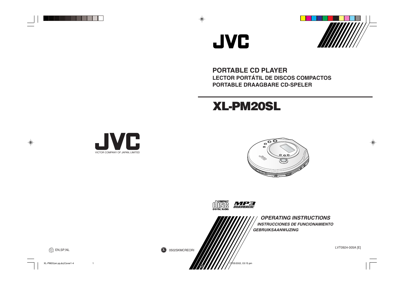 Back cover, Xl-pm20sl, Portable cd player | Operating instructions | JVC XL-PM20SL User Manual | Page 38 / 44