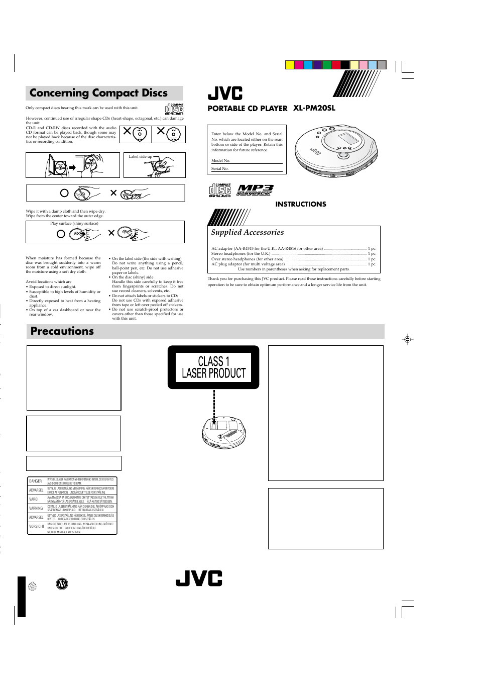 Concerning compact discs, Precautions, Supplied accessories | Portable cd player xl-pm20sl, Instructions, Caution, Warning | JVC XL-PM20SL User Manual | Page 39 / 44