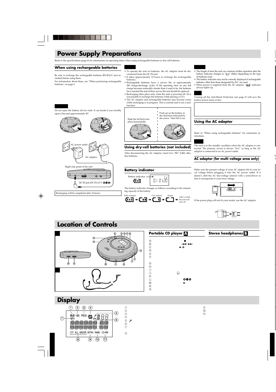 Power supply preparations, Display, Location of controls | JVC XL-PM20SL User Manual | Page 40 / 44