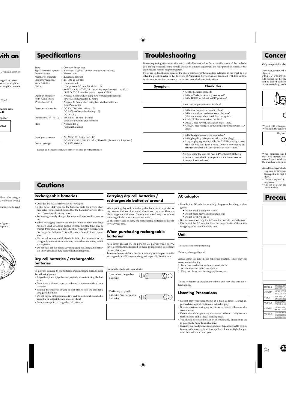 Concer, Specifications troubleshooting, With an | Cautions, Precau, Caution, Warning, Rechargeable batteries, Dry cell batteries / rechargeable batteries, When purchasing rechargeable batteries | JVC XL-PM20SL User Manual | Page 44 / 44