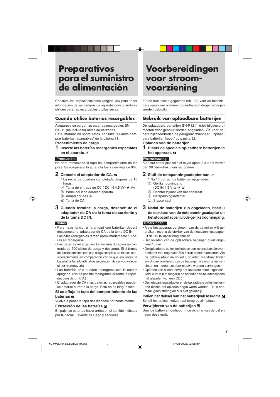 Preparativos para el suministro de alimentación, Voorbereidingen voor stroom-voorziening, Voorbereidingen voor stroom- voorziening | JVC XL-PM20SL User Manual | Page 7 / 44