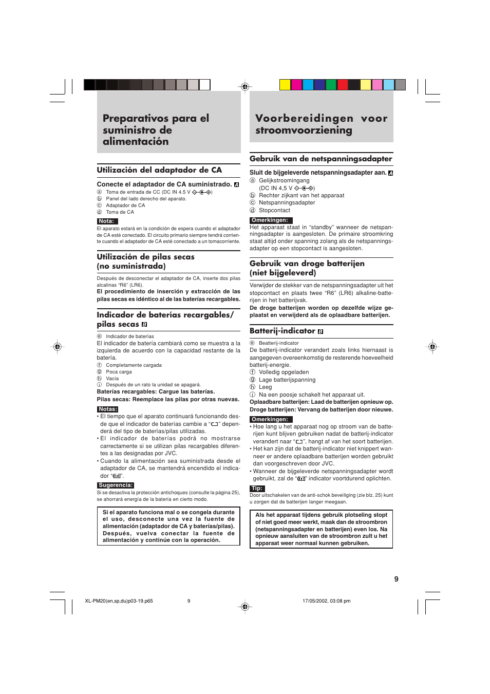 Preparativos para el suministro de alimentación, Voorbereidingen voor stroomvoorziening | JVC XL-PM20SL User Manual | Page 9 / 44