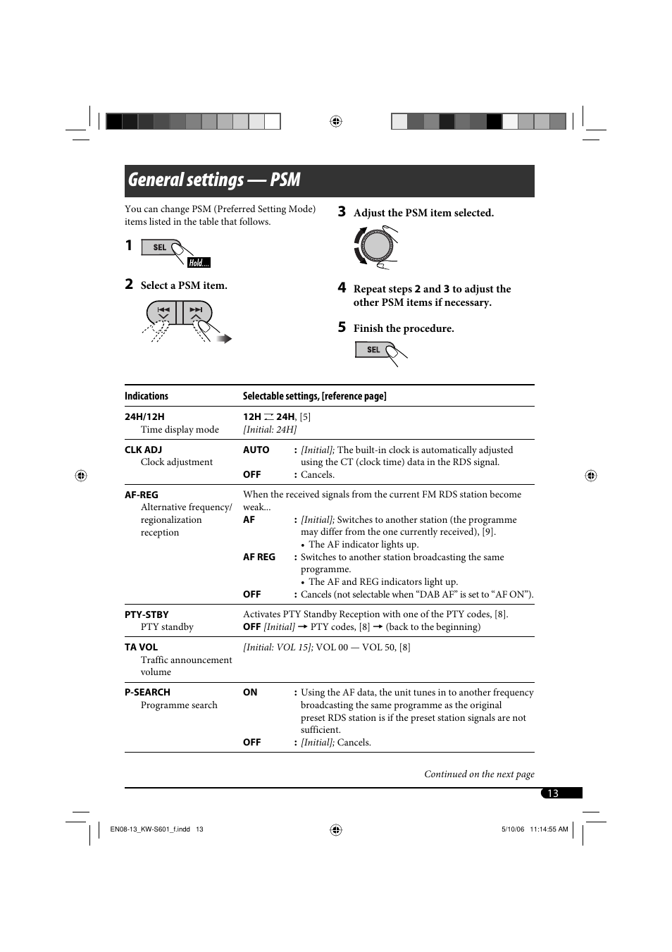 General settings — psm | JVC CD Receiver KW-S601 User Manual | Page 13 / 26