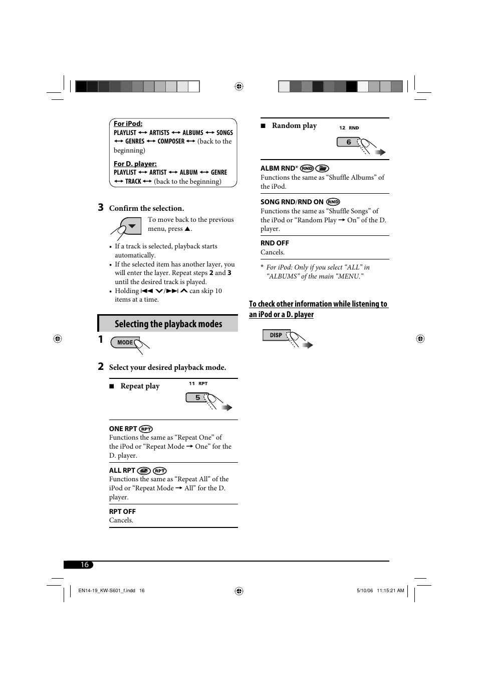 Selecting the playback modes | JVC CD Receiver KW-S601 User Manual | Page 16 / 26