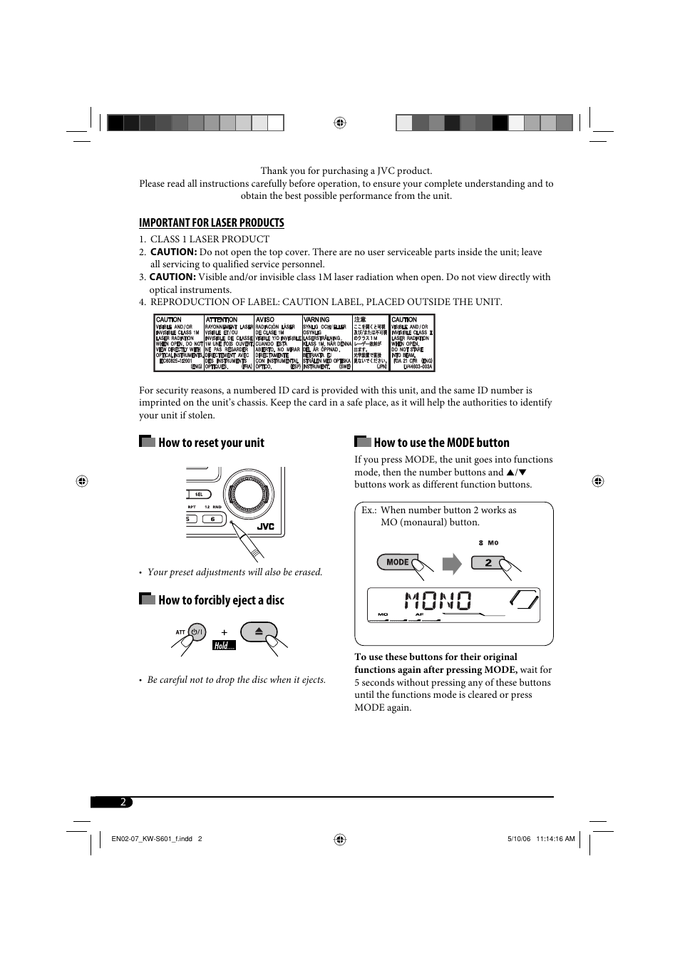 How to use the mode button, How to reset your unit, How to forcibly eject a disc | JVC CD Receiver KW-S601 User Manual | Page 2 / 26