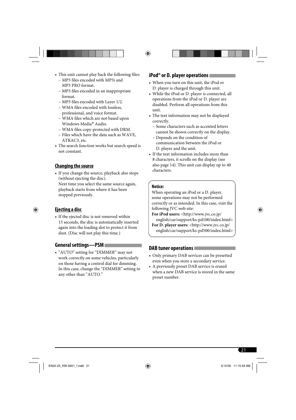 General settings—psm, Ipod® or d. player operations, Dab tuner operations | JVC CD Receiver KW-S601 User Manual | Page 21 / 26
