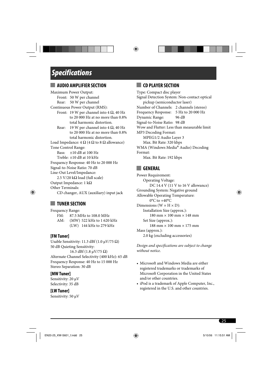 Specifications, General | JVC CD Receiver KW-S601 User Manual | Page 25 / 26