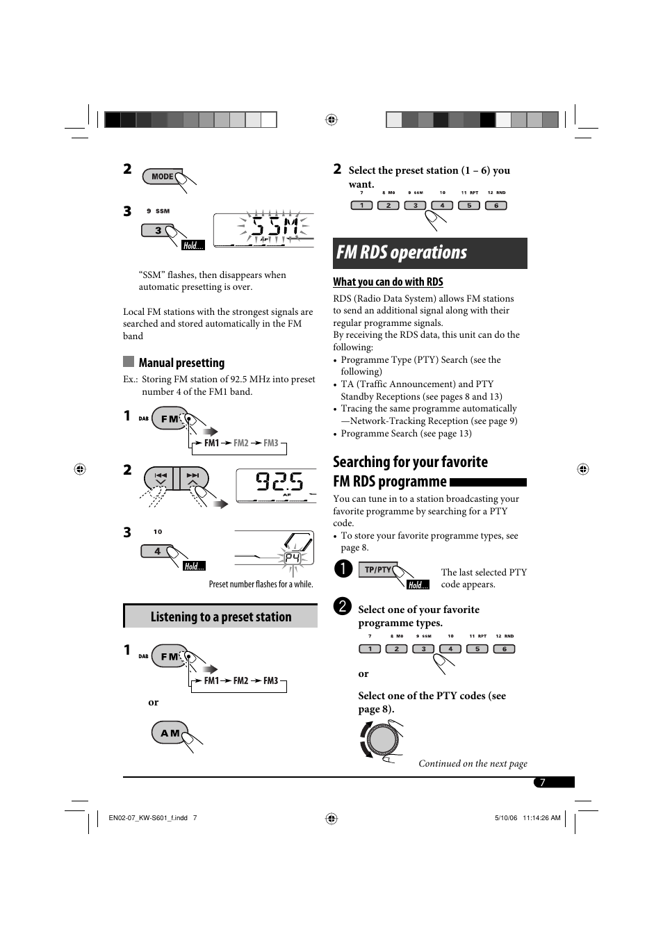 Fm rds operations, Searching for your favorite fm rds programme | JVC CD Receiver KW-S601 User Manual | Page 7 / 26