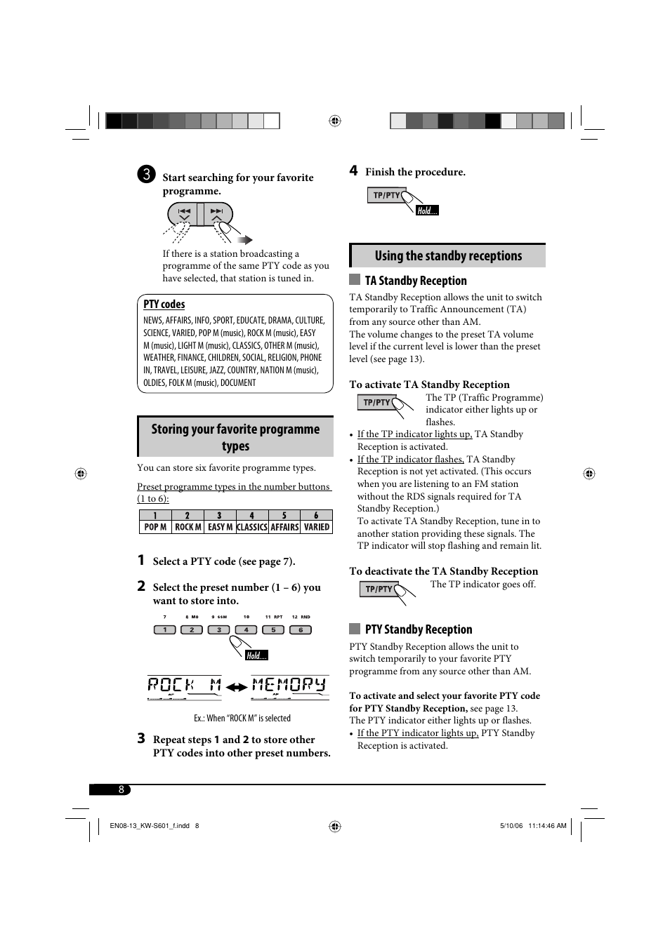 Storing your favorite programme types, Using the standby receptions | JVC CD Receiver KW-S601 User Manual | Page 8 / 26