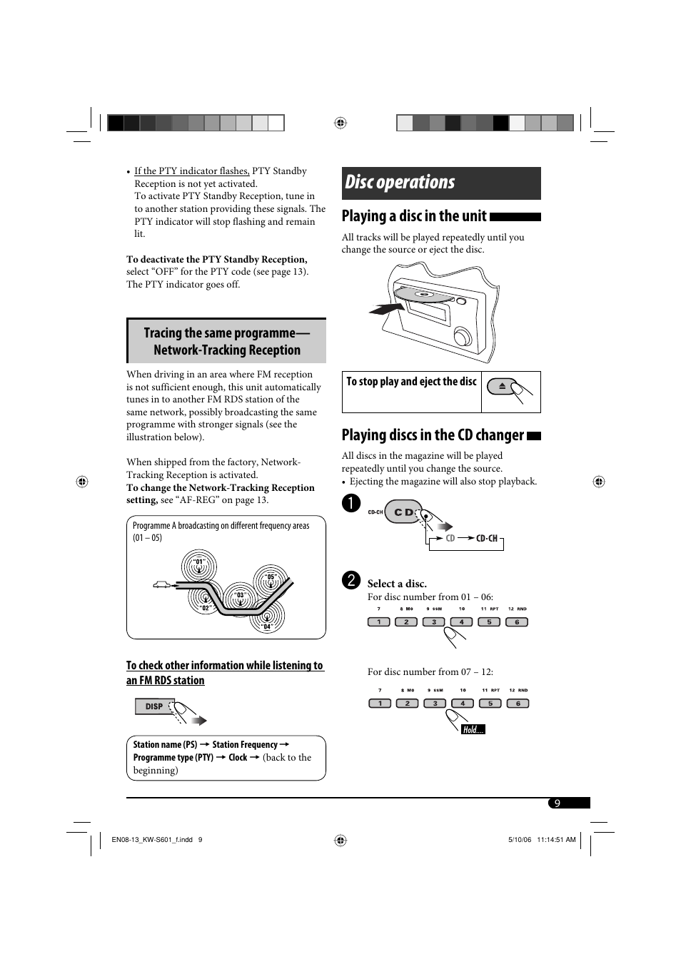 Disc operations, Playing a disc in the unit, Playing discs in the cd changer | JVC CD Receiver KW-S601 User Manual | Page 9 / 26