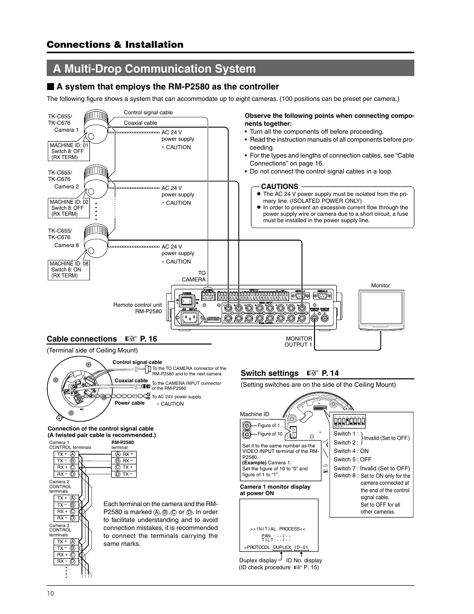 A multi-drop communication system, Connections & installation, Cable connections | P. 16, Switch settings, P. 14, Cautions, Terminal side of ceiling mount), Caution ac 24 v power supply, Duplex display id no. display | JVC TK-C655 User Manual | Page 10 / 48