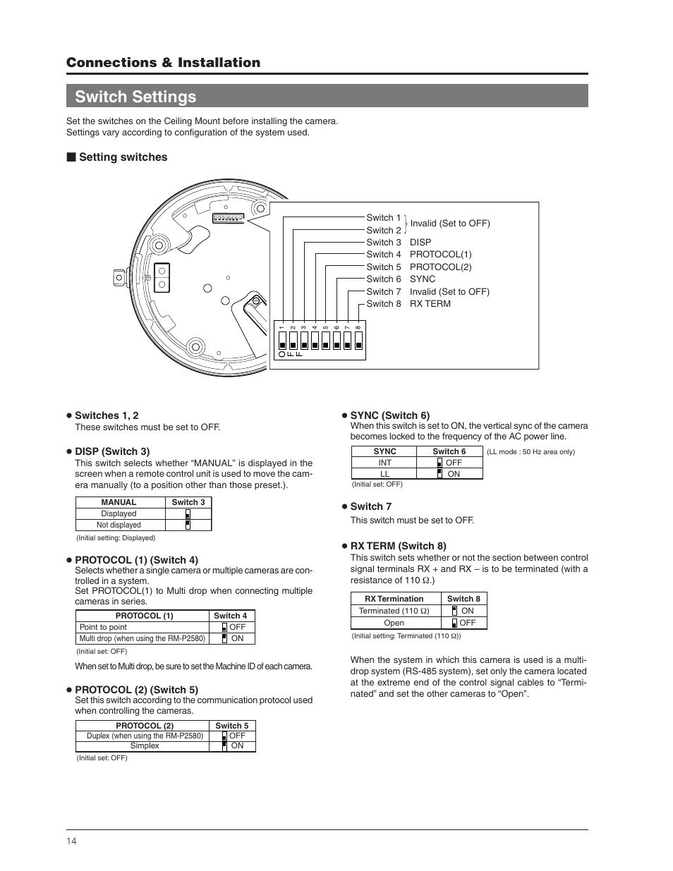 Switch settings, Connections & installation | JVC TK-C655 User Manual | Page 14 / 48