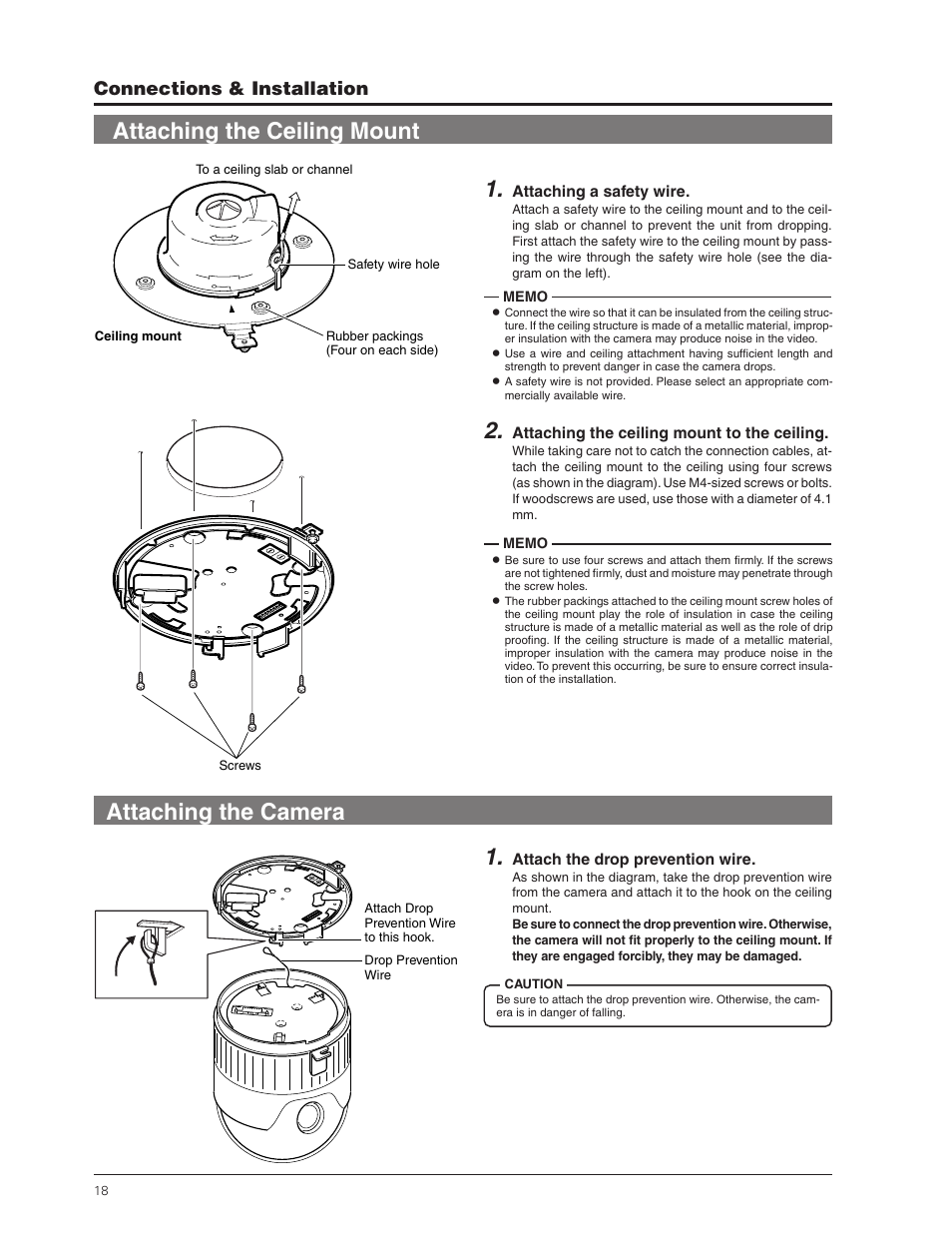 Attaching the ceiling mount, Attaching the camera 1, Connections & installation | JVC TK-C655 User Manual | Page 18 / 48
