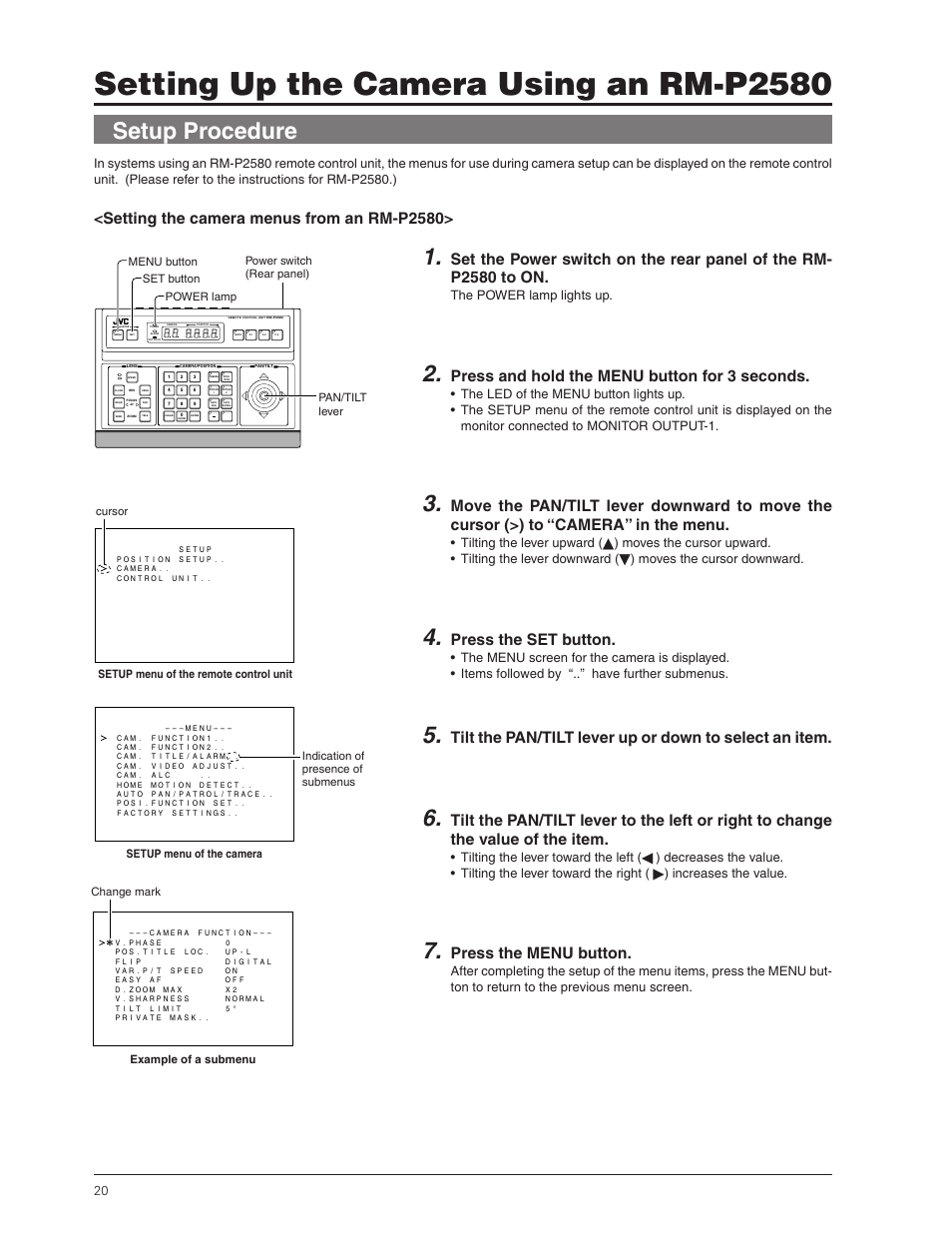 Setting up the camera using an rm-p2580, Setup procedure, Setting the camera menus from an rm-p2580 | Press and hold the menu button for 3 seconds, Press the set button, Press the menu button, The power lamp lights up, Tilting the lever upward, Moves the cursor downward, Tilting the lever toward the left | JVC TK-C655 User Manual | Page 20 / 48