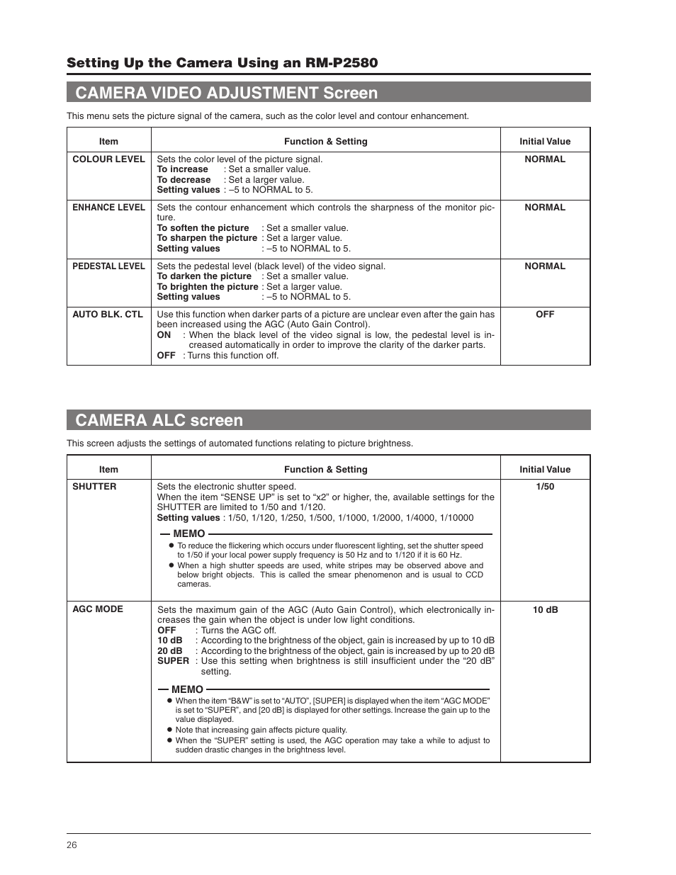 Camera video adjustment screen, Camera alc screen, Setting up the camera using an rm-p2580 | JVC TK-C655 User Manual | Page 26 / 48