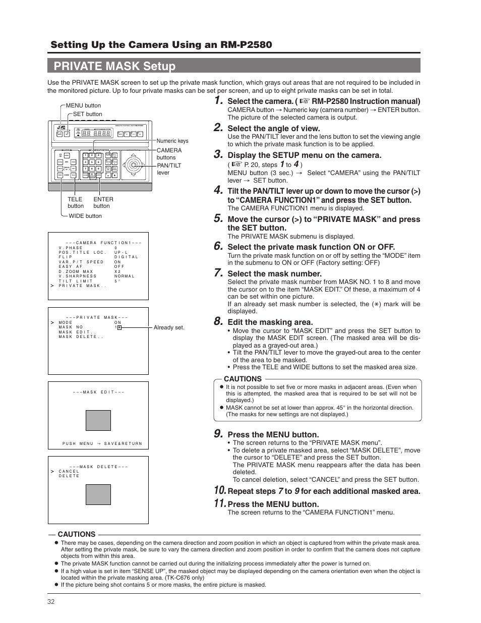 Private mask setup, Setting up the camera using an rm-p2580, Select the camera | Rm-p2580 instruction manual), Select the angle of view, Display the setup menu on the camera, Select the private mask function on or off, Select the mask number, Edit the masking area, Press the menu button | JVC TK-C655 User Manual | Page 32 / 48