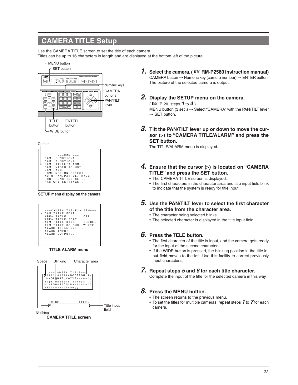 Camera title setup, Select the camera, Rm-p2580 instruction manual) | Display the setup menu on the camera, Press the tele button, Repeat steps, For each title character, Press the menu button, Setup menu display on the camera, Title alarm menu | JVC TK-C655 User Manual | Page 33 / 48