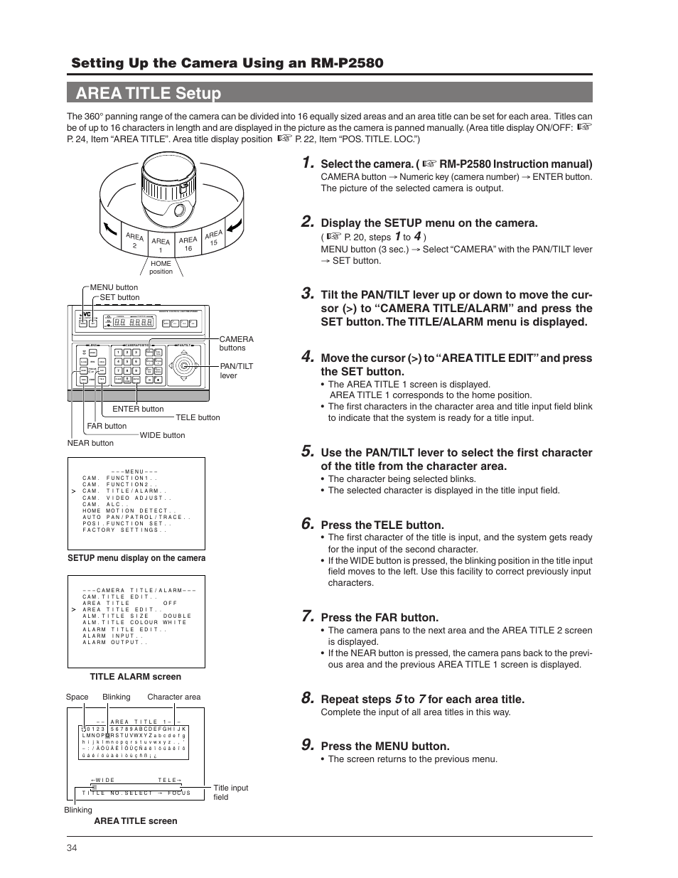 Area title setup, Setting up the camera using an rm-p2580, Select the camera | Rm-p2580 instruction manual), Display the setup menu on the camera, Press the tele button, Press the far button, Repeat steps, For each area title, Press the menu button | JVC TK-C655 User Manual | Page 34 / 48
