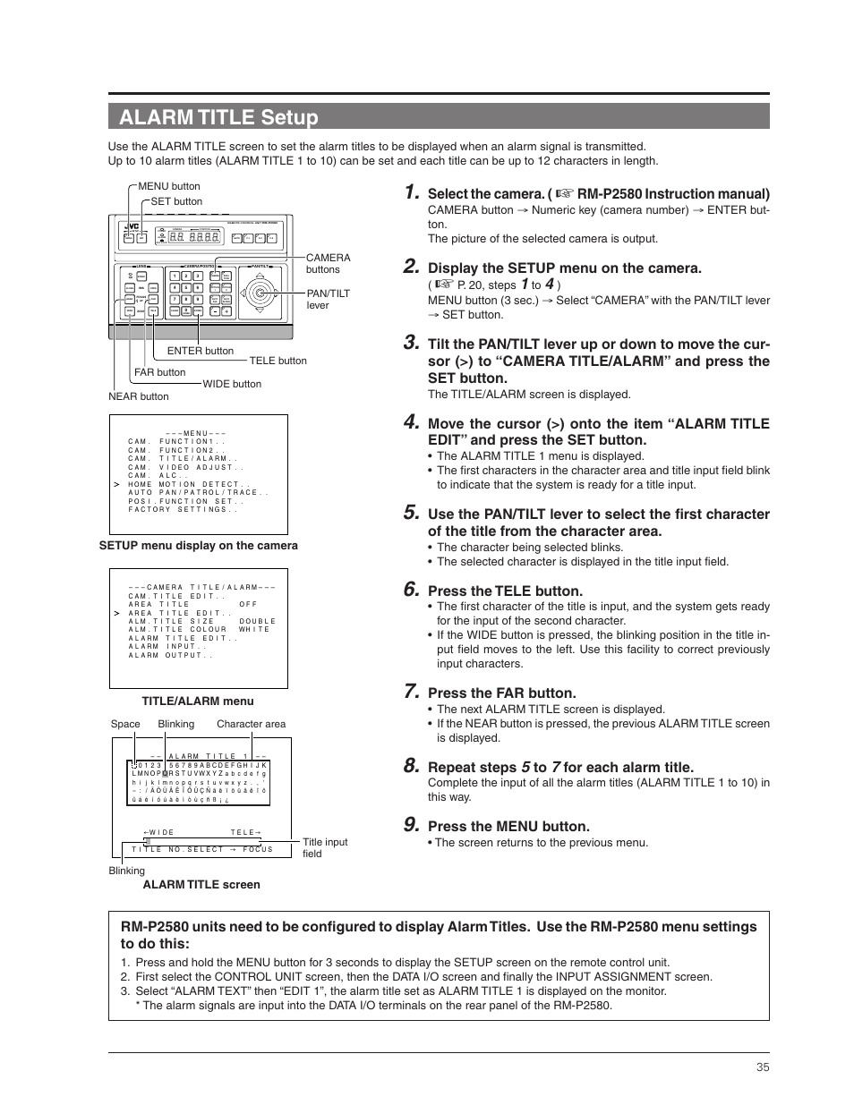 Alarm title setup, Select the camera, Rm-p2580 instruction manual) | Display the setup menu on the camera, Press the tele button, Press the far button, Repeat steps, For each alarm title, Press the menu button, P. 20, steps | JVC TK-C655 User Manual | Page 35 / 48